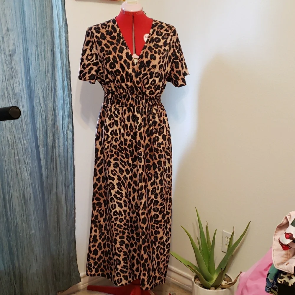 Leopard Print Maxi Dress with Elastic Waist - Picture 1 of 5